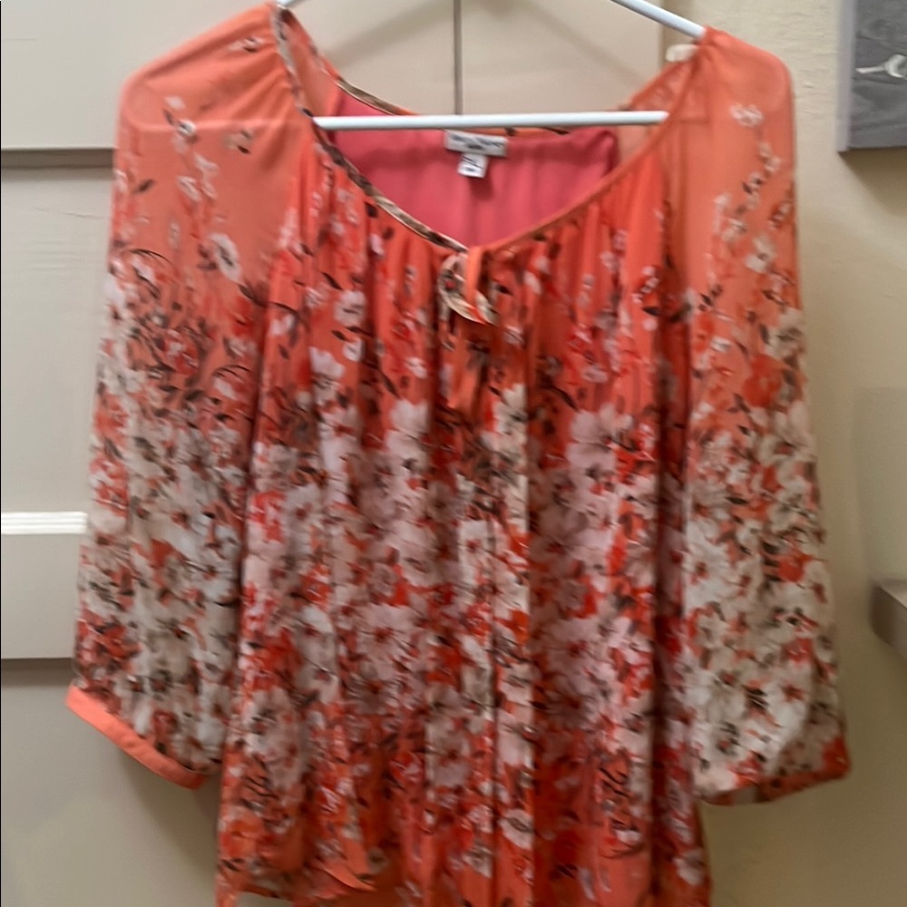 Rebecca Malone Orange Pink 3/4 Sleeve Tie Front Blouse